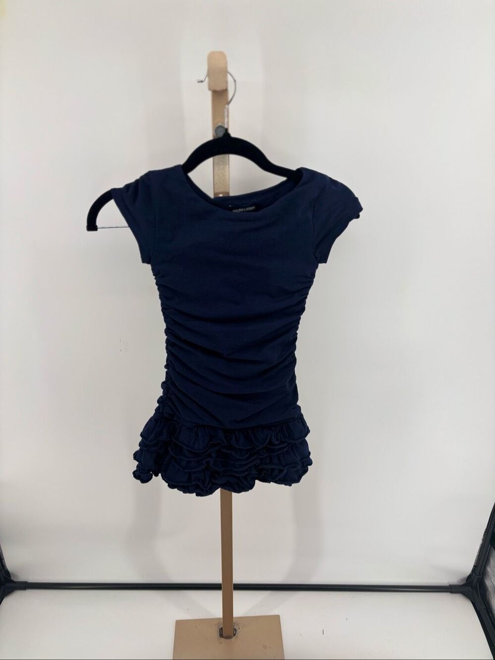 Ralph Lauren Girls Size 5 Cap Sleeve Navy Dress Ruched Ruffled Hem Nautical Prep